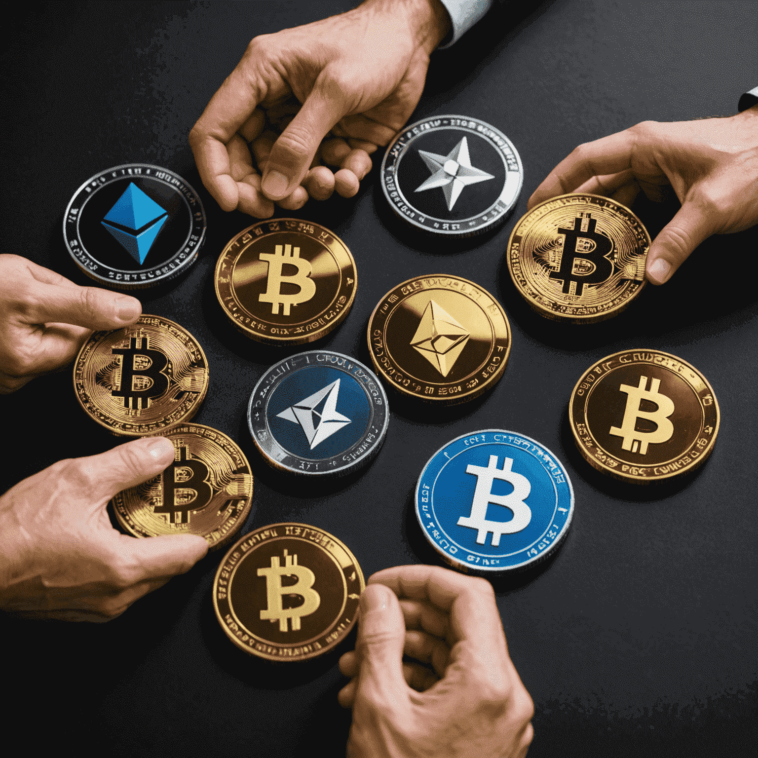 Graphic showing various cryptocurrency tokens being exchanged or swapped